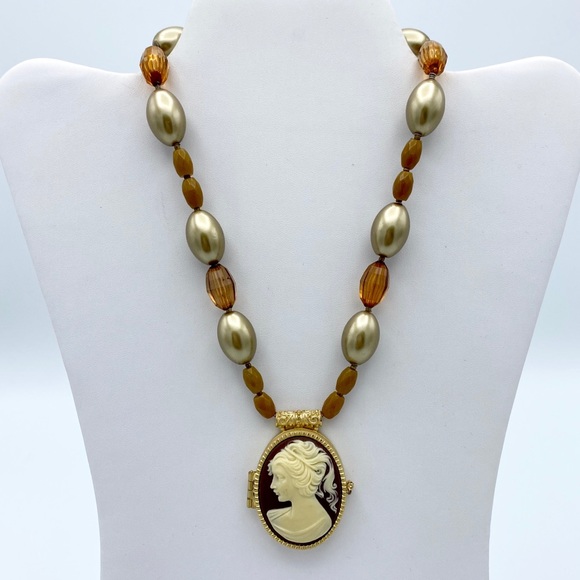 George Jewelry - George Cameo Locket Gold Amber Colored Necklace